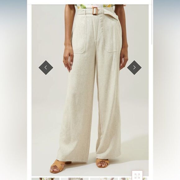 SUGARLIPS pants Size Small cream step up wide leg lined belted linen blend NWT - Picture 3 of 8